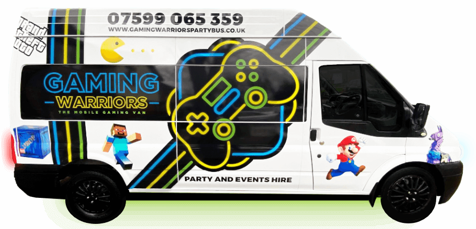 Hire Gaming Bus Van Surrey Ashford -Gaming Warriors Party Bus With Lights 1 (1)